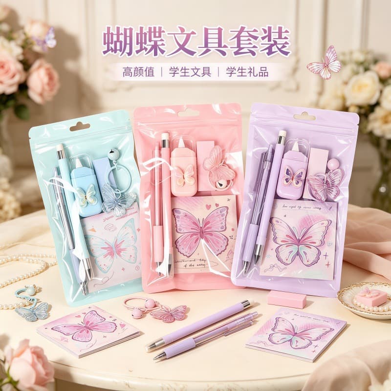 New Butterfly Stationery Set Cross-border High-Aesthetic Learning Supplies Gift Pack Student Stationery Study Reward Small Gift
