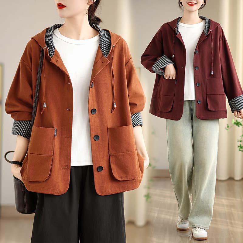 Real Shot Cotton Coat Women Plaid Patch Hooded Casual Versatile Loose Slimming Korean Style Spring and Autumn Long Sleeve Trench Coat