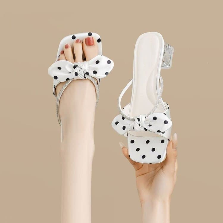 Black and White Polka Dot Bow Wedge Sandals for Women 2026 New Summer Sexy Open Toe One-Strap Slippers