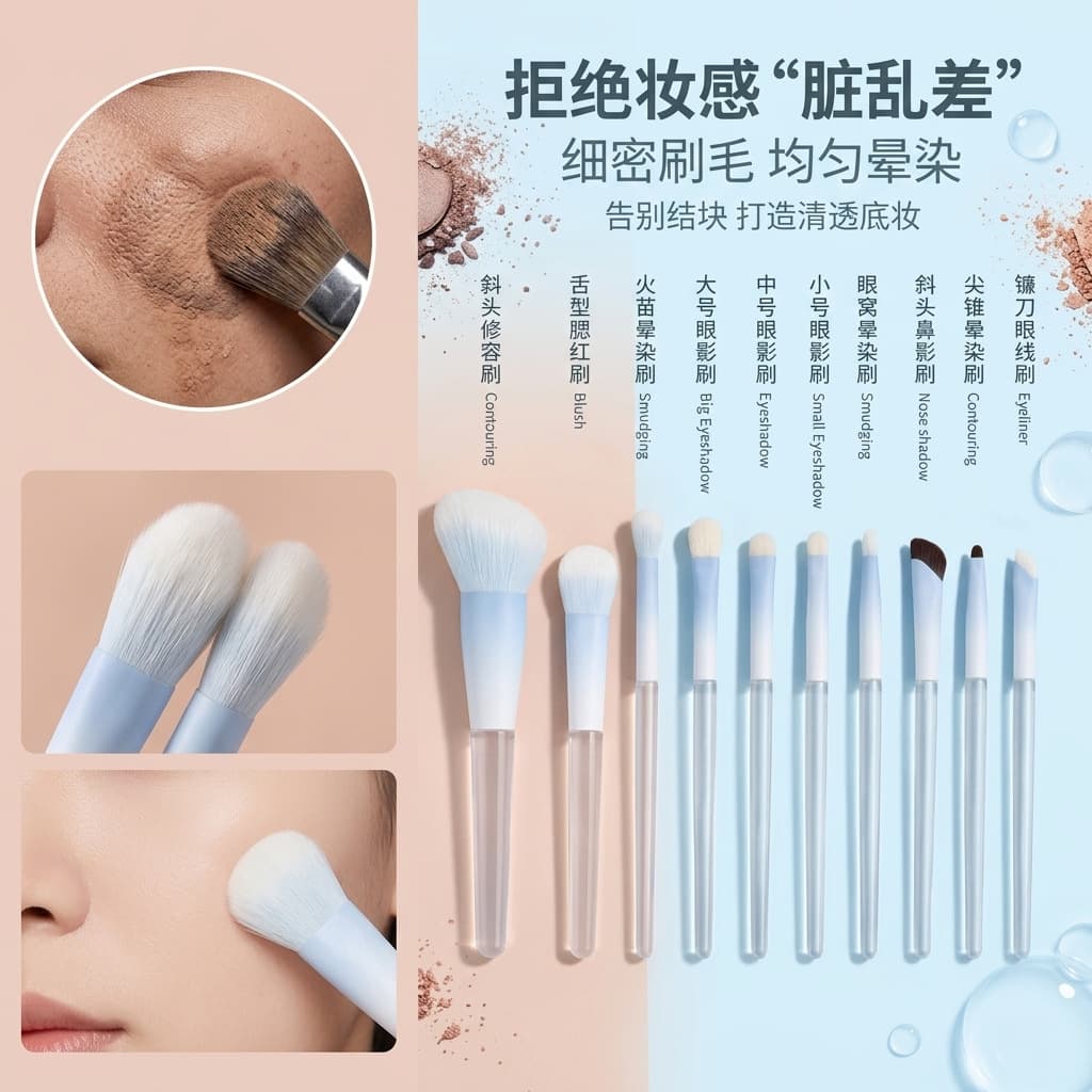 Chen Yuanyuan Same Style 10-Piece Makeup Brush Set Blush Brush Nose Shadow Brush Makeup Artist Powder Brush Crystal Handle Eyeshadow Brush