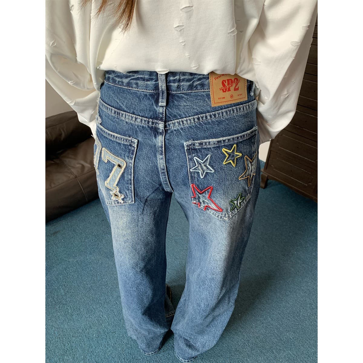 Custom Jeans American Retro Star Letter Embroidery Pants Niche Design Versatile Loose Straight Leg Pants for Women
