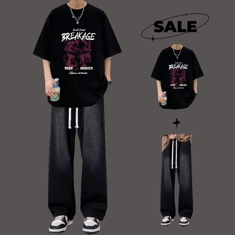 Short-sleeved T-shirt suit for boys, a set of trendy summer clothes for teenagers, a cool and handsome two-piece set for men