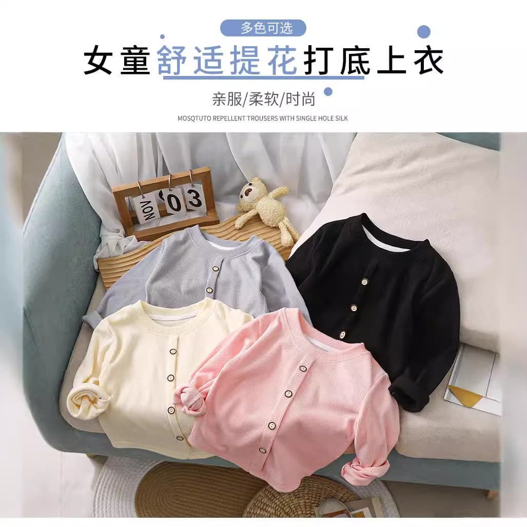 Girls' Sweet Long-Sleeve T-Shirt, 2024 New Pullover Base Layer, Children's Ribbed Elastic Button Warm Top Wholesale