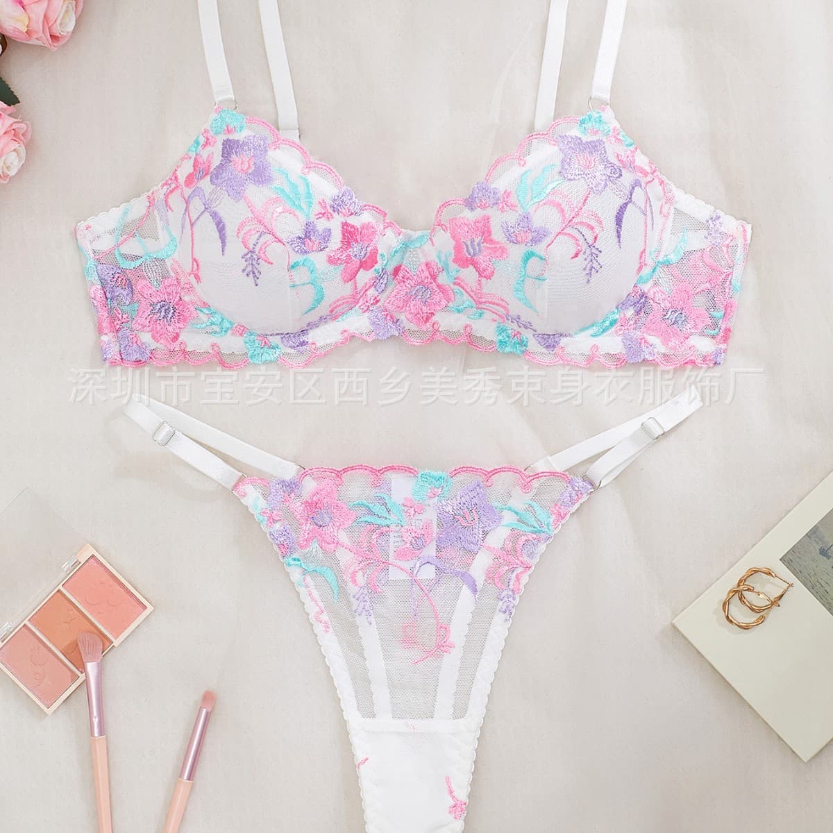 Colorful Floral Embroidered Lace Lingerie Set for Women, Lightweight Underwire Bra, Low-Rise Panties, Home Two-Piece Set