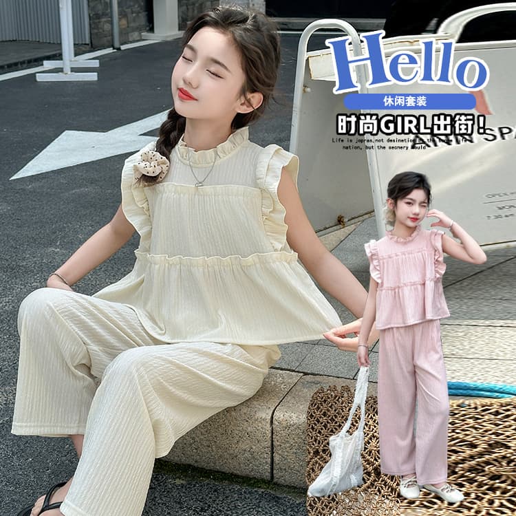 Summer girls sweet and cute flying sleeve casual suit medium and large girls sleeveless top straight pants pleated two-piece set