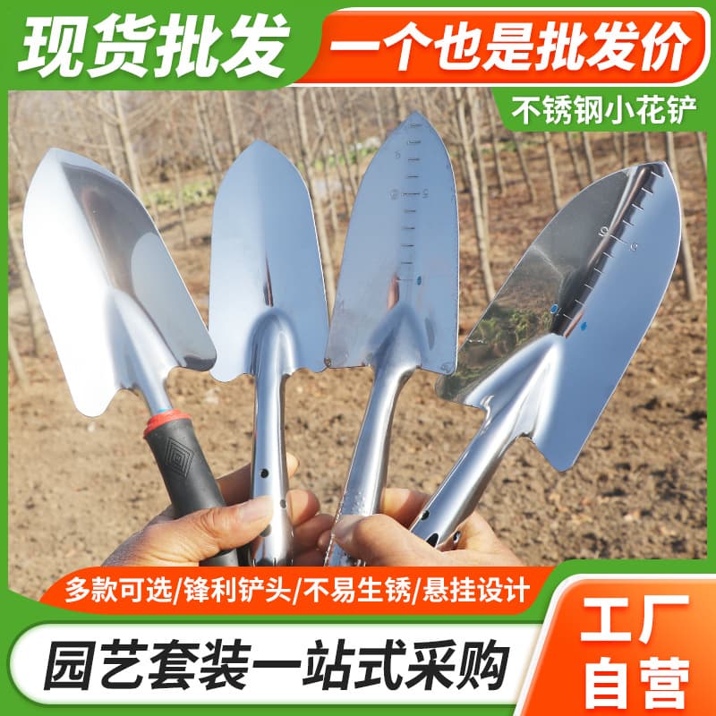 Factory-produced stainless steel small trowel for potted plants, gardening, beach digging, and weeding tools, essential for beachcombing.