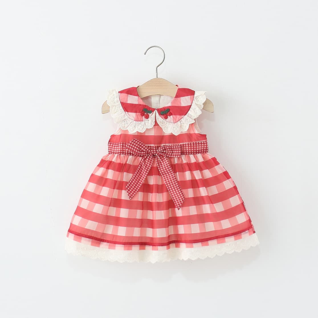 2025 Summer New Doll Collar Plaid Bow Cherry Dress Girls Red Plaid Princess Skirt