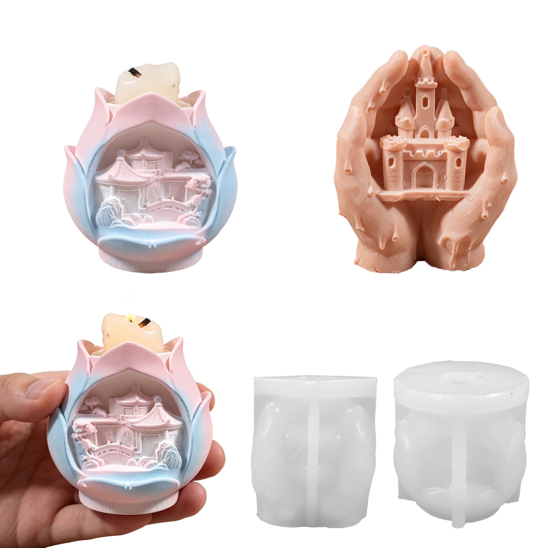 Cross-border new style palm holding castle scented candle silicone mold handmade soap diy rose castle plaster ornaments