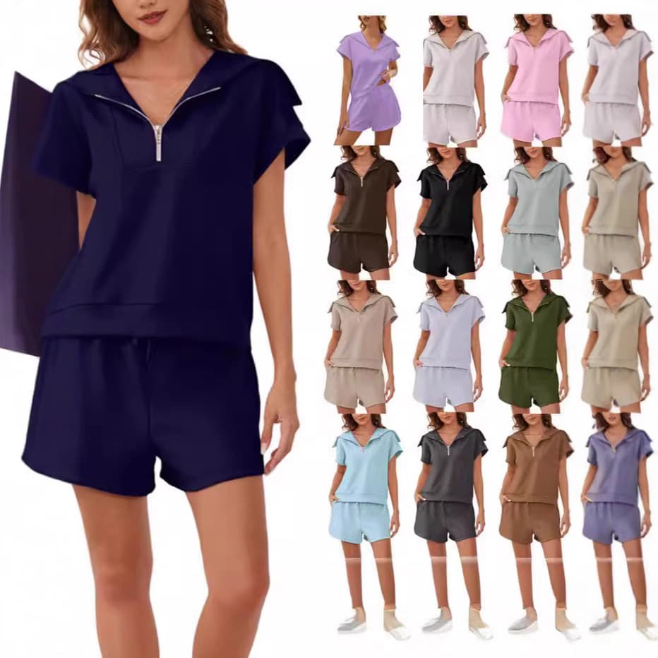 2024 European and American Amazon Women's 2-Piece Half Zip Crop Short Sleeve Sweatshirt High Waist Shorts Sports Suit