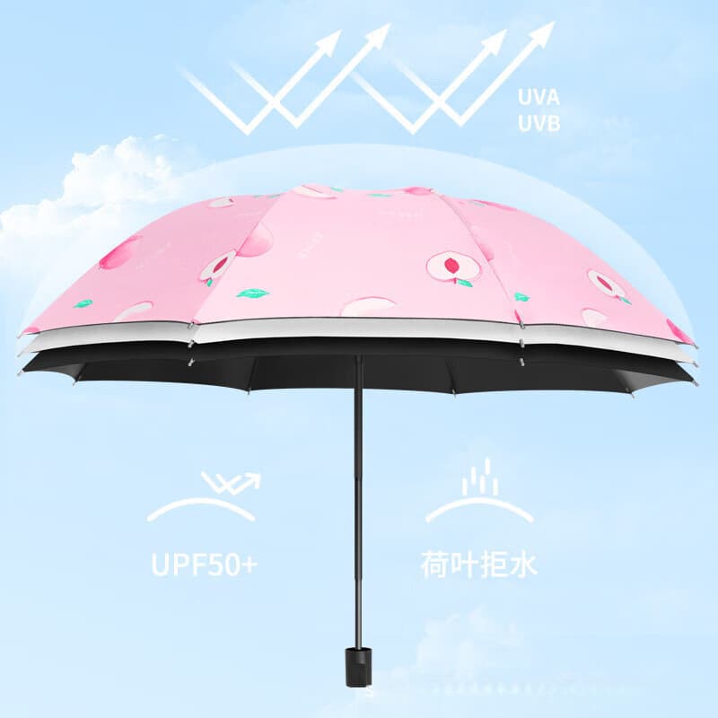Fruit-patterned UV-blocking black coating umbrella factory wholesale, triple-fold sun and rain dual-use umbrella with advertising printing