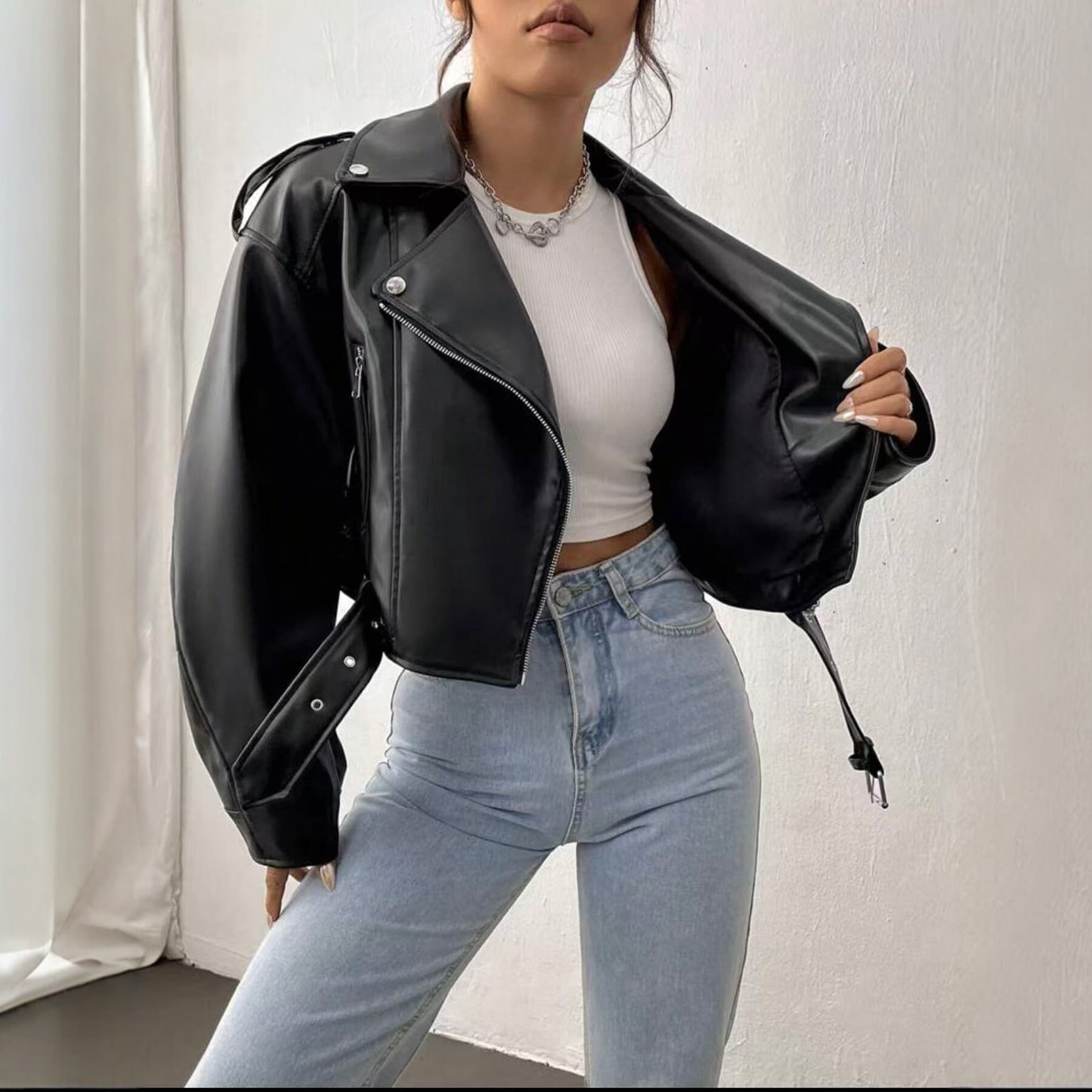 New Cross-Border European and American Style Short PU Leather Jacket for Women, Motorcycle Biker Jacket, Slim Fit, Fashionable and Versatile Spring and Autumn Coat