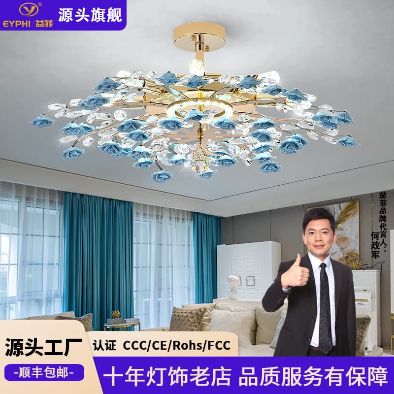 New French Style Chandelier Creative Rose Flower Ceramic Crystal Pendant Light Living Room Bedroom Lighting Manufacturer