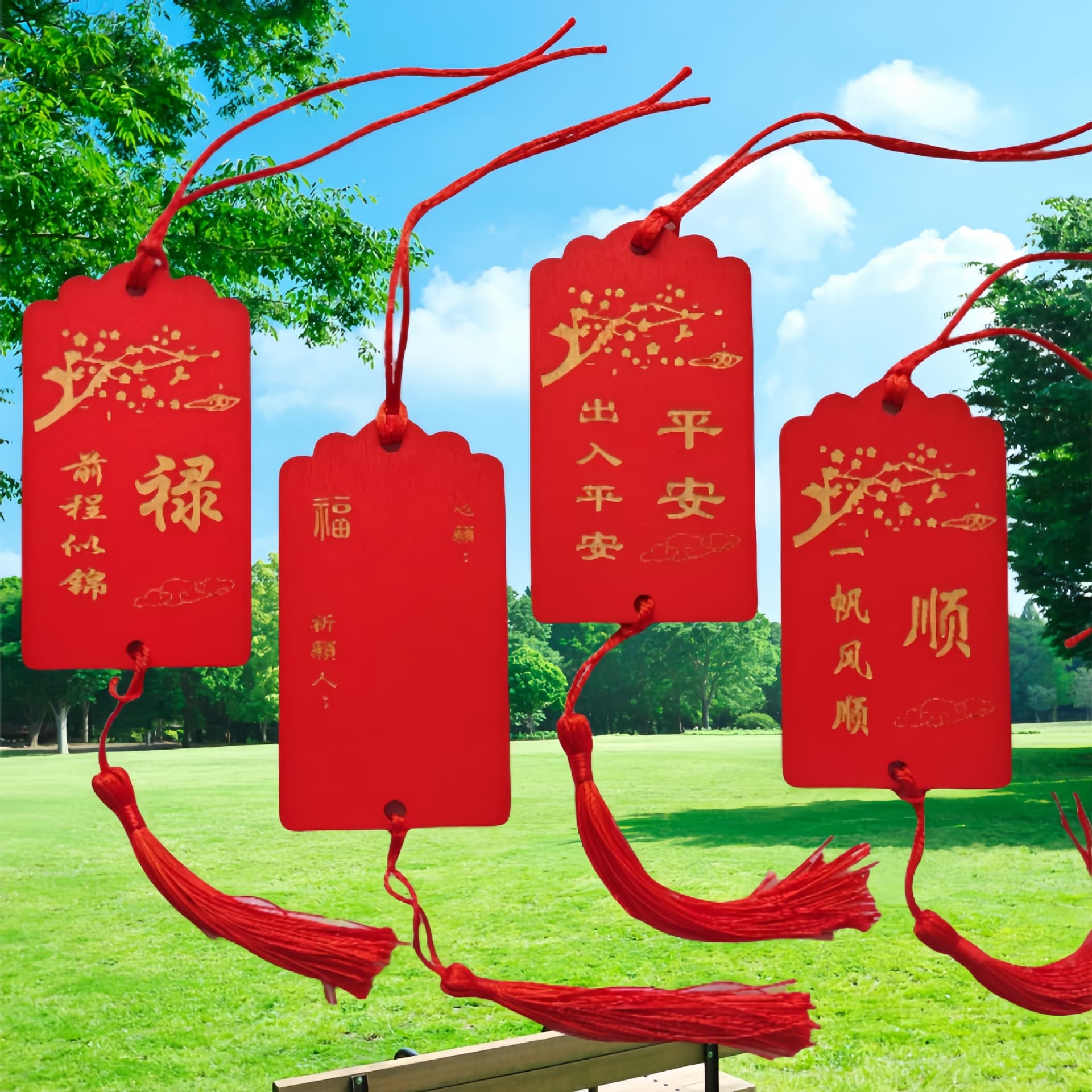 Wooden red engraved blessing plaques, wish plaques, tree hanging decorations, event signs, scenic spots, temples, tourist wooden pieces