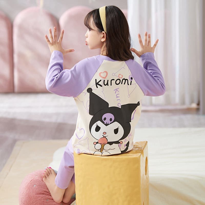 Kuromi Children's Pajamas for Girls, Spring/Autumn Thin Long Sleeve, Sweet Cartoon 100% Cotton Homewear for Toddlers and Kids