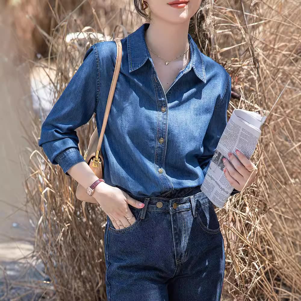Shirt women's layered denim long sleeve petite right shoulder versatile