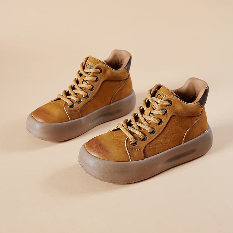 Top Layer Cowhide 2024 Autumn New Women's Shoes Casual Versatile Retro Thick Sole High-Top Women's Fashion Lace-Up Short Boots