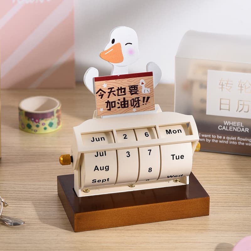 Go Duck Wooden 2026 Calendar Desk Calendar New Style Rotating Wheel Perpetual Calendar Mechanical Desktop Decoration Creative for Middle School and High School