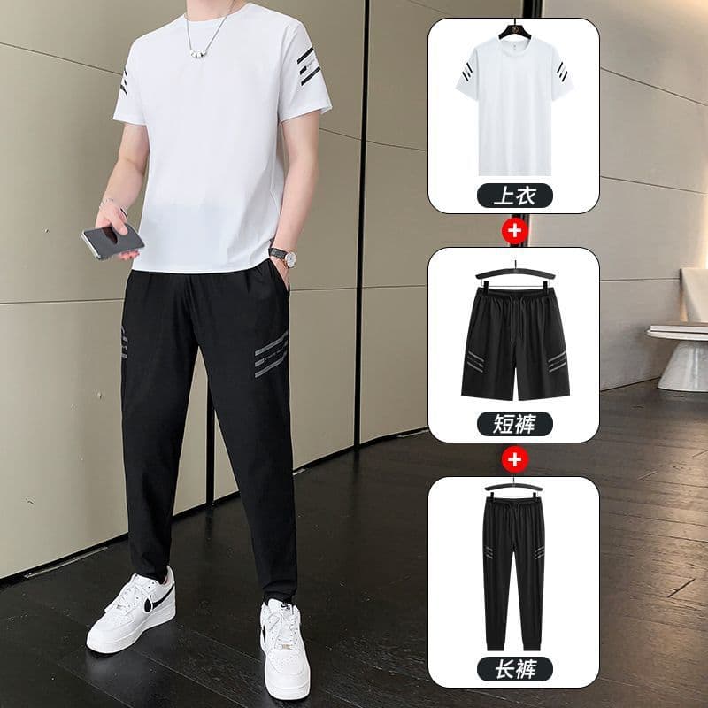 Motianlang New Summer Ice Silk Short Sleeve T-Shirt and Pants Two-Piece Set, Casual Three-Piece Set
