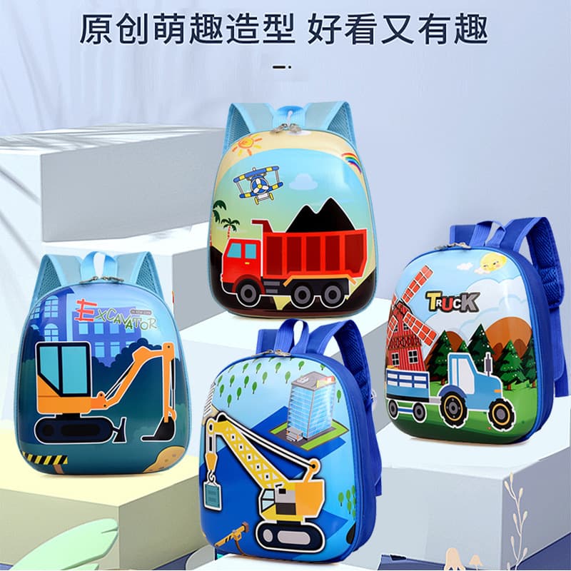 New cartoon construction vehicle backpack, cute and adorable, perfect for kindergarten kids, super cool accessory and toy bag for children.