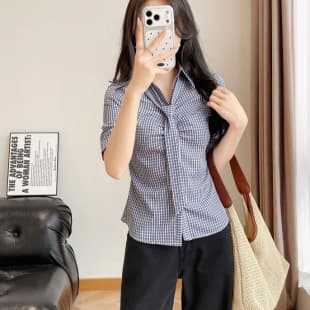2026 New Korean Style Plaid Shirt Women Design Tie Slim Fit Short Top Spring Autumn Versatile Office Blouse