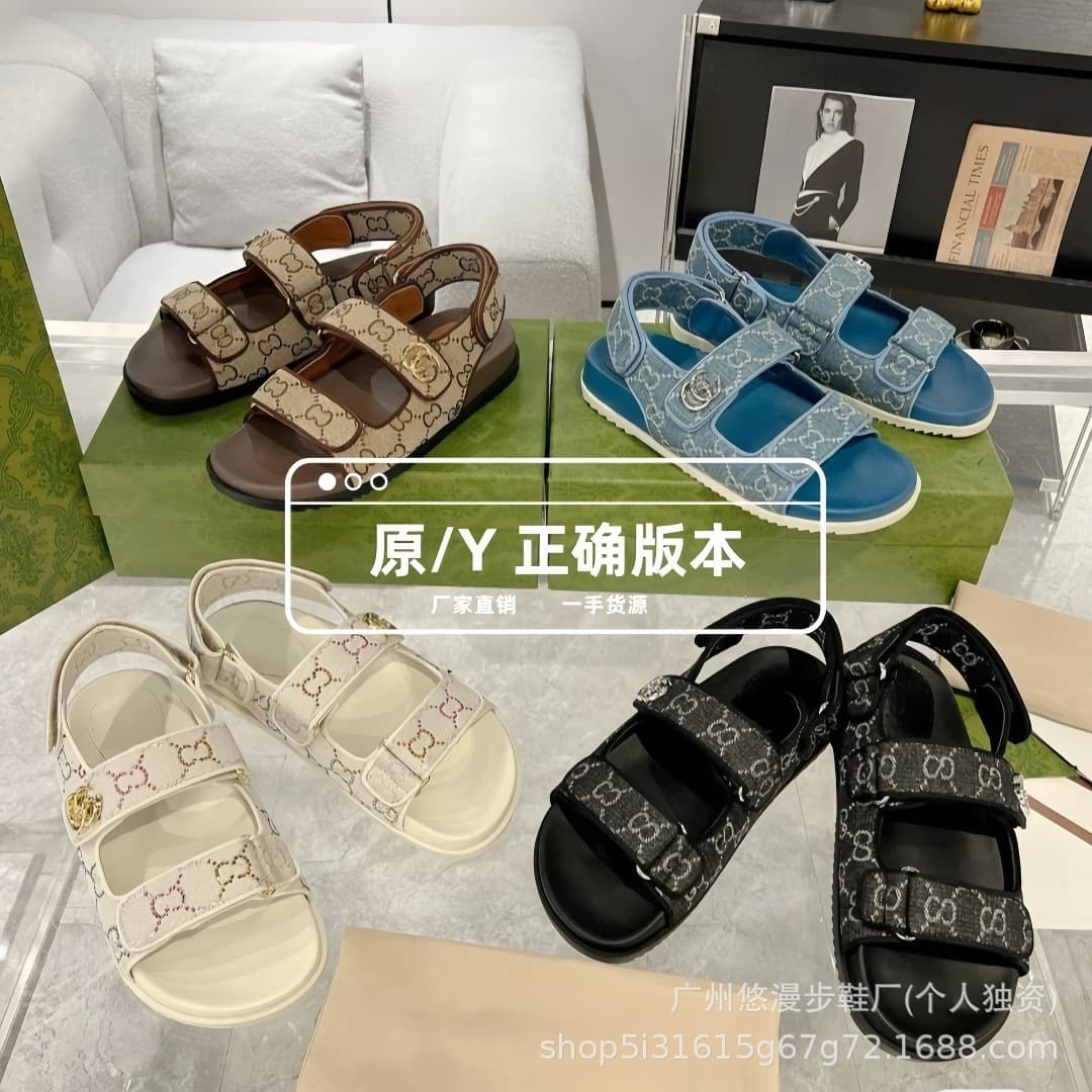 G Brand Metal Buckle Velcro Sandals Women 2026 Summer New Embroidered Letter Thick Sole Open Toe One-Band Slippers