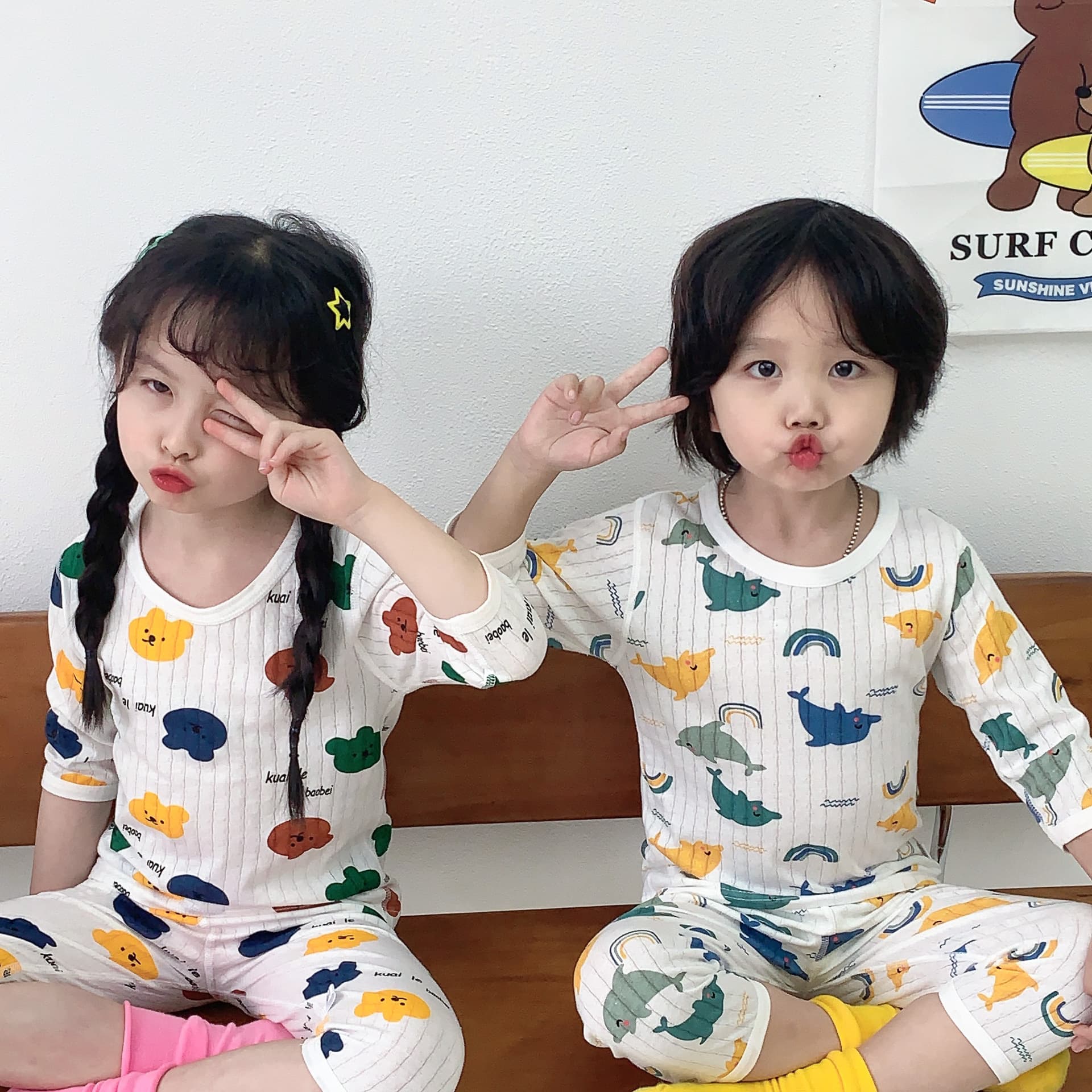 Children's Pure Cotton Short-Sleeve Pajamas, Summer Thin Breathable Seamless Boys and Girls Air Conditioning Wear, Baby Cartoon Homewear