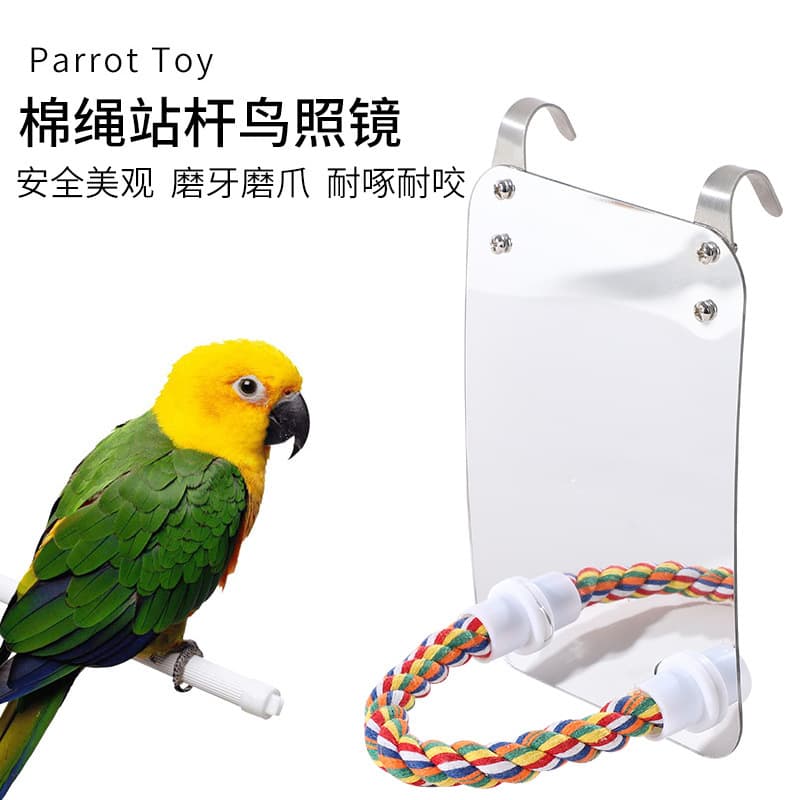 Parrot Toy Acrylic Bird Mirror Cage Stand Bell Bird Supplies Perch Toy