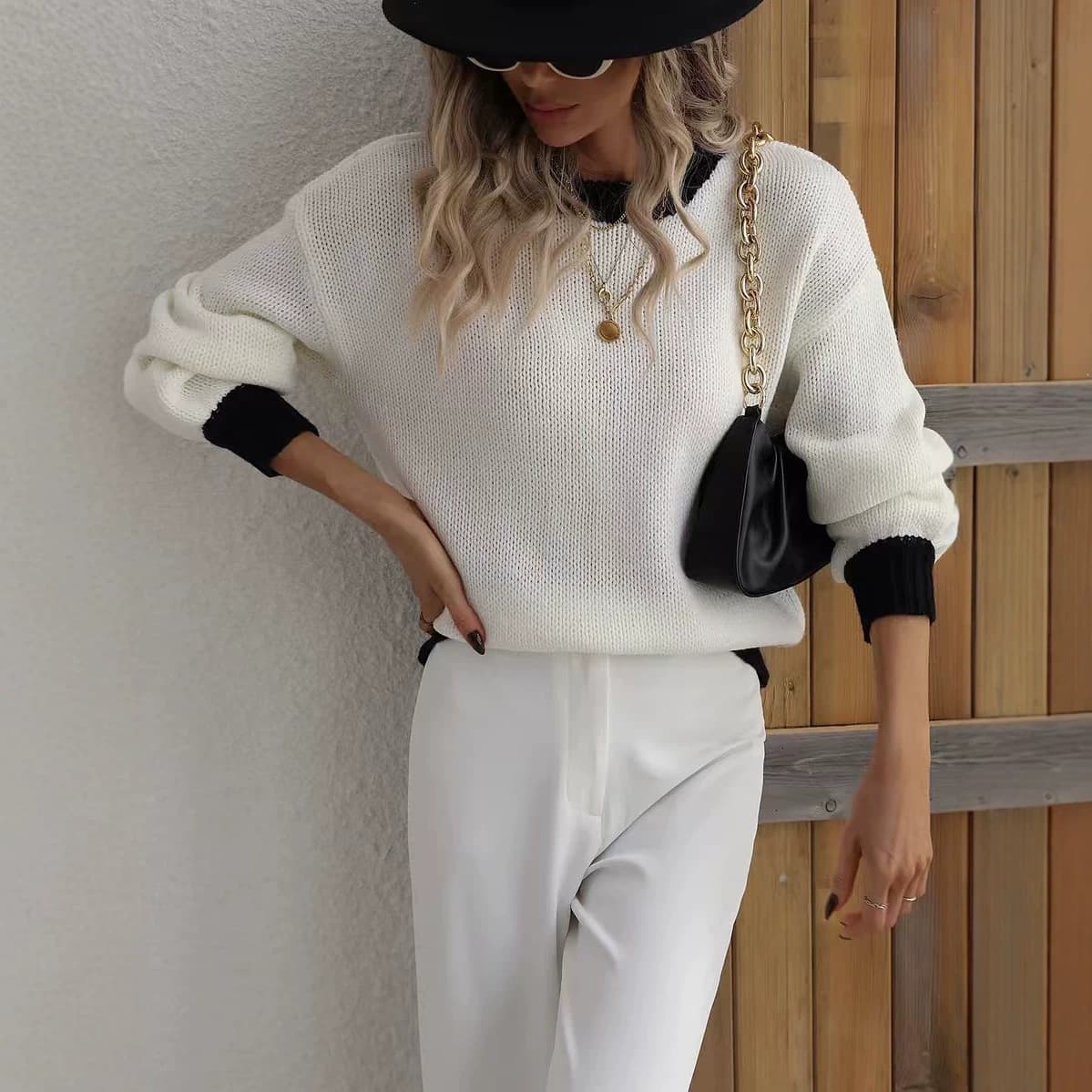 2026 Autumn and Winter Amazon New Women's Foreign Trade Knitted Sweater Women's Spliced Pullover Cross-Border Women's Clothing Loose Sweater Women