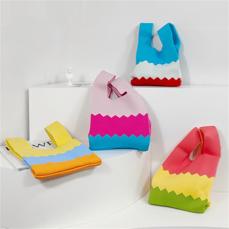 Fresh rainbow striped plaid knitted wool bag Children's Travel large capacity handbag all-match hand-held tote bag