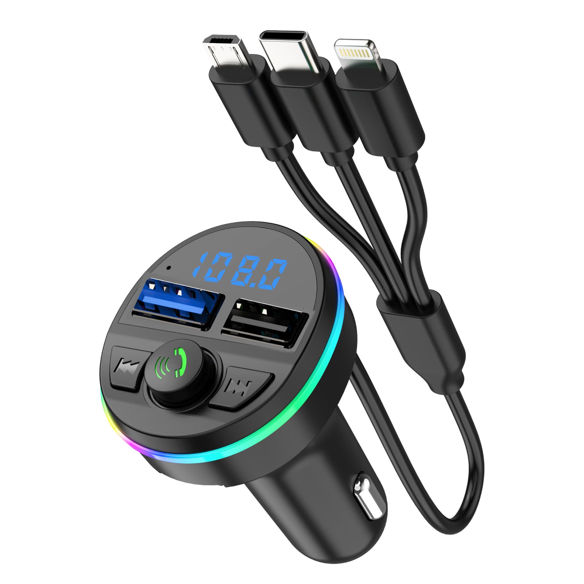 G45 car MP3 FM Bluetooth receiver transmitter player car charger with three-in-one charging cable LED colorful