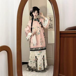 Original Qing Han Female Qing Dynasty Gege Dress Slant Collar Round Neck Antique Ethnic Costume Heavy Craft Print Horse Face Skirt Spring Autumn Style