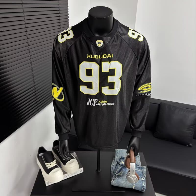 Men's Summer Rugby Jersey Loose Quick-Dry European and American Trendy Number 93 Print V-Neck Long Sleeve T-Shirt