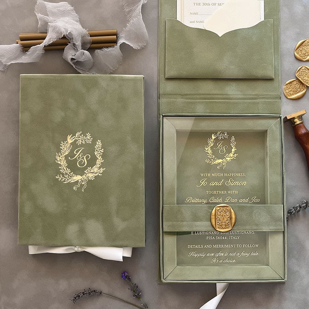 Custom Premium Velvet Gift Box, Luxury Gold Foil Acrylic Invitation Card for Wedding