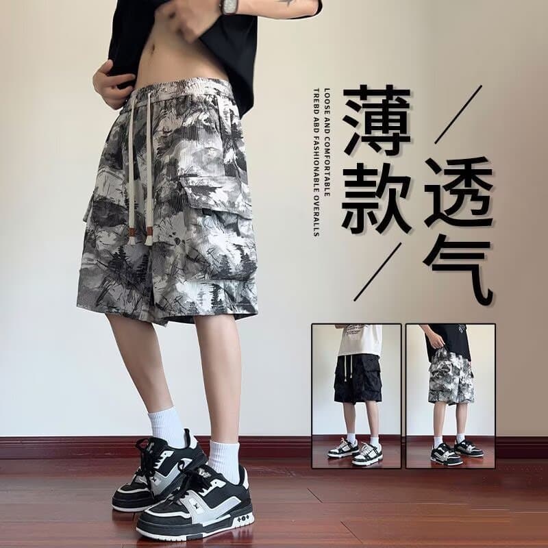 American Camo Cargo Shorts for Men Summer Ink Tie-Dye Design Versatile Sports 5-Inch Casual Pants
