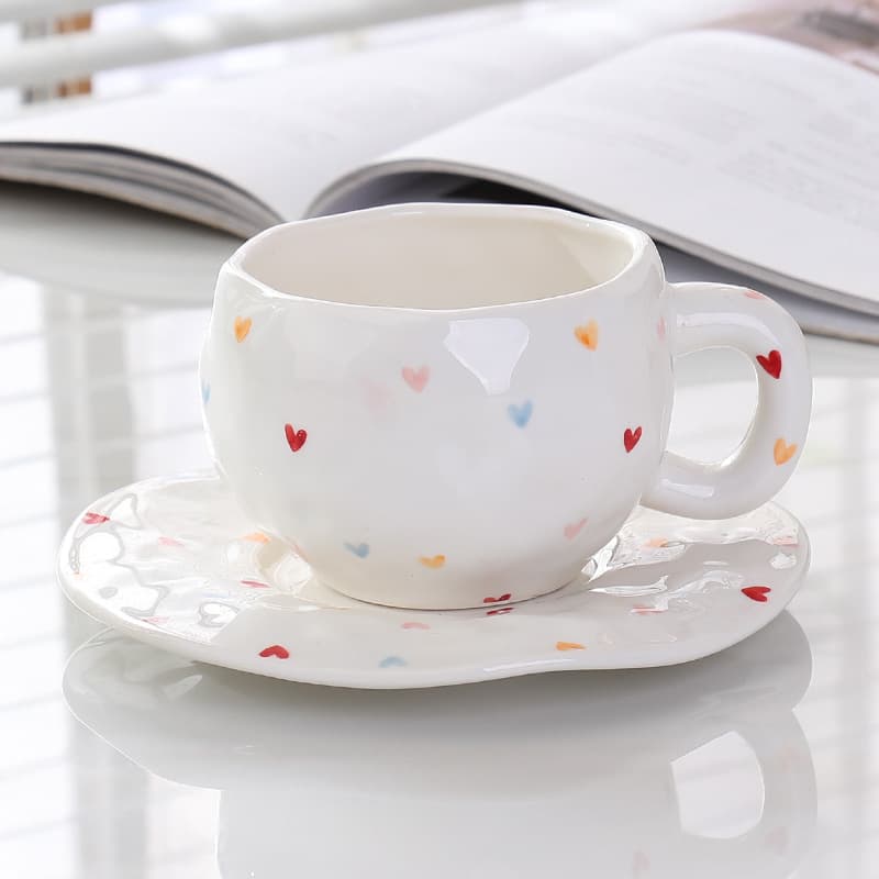 Korean Style Ins Hand Painted Heart Shaped Ceramic Coffee Cup and Saucer Set, Afternoon Tea Hand Painted Coffee Cup and Saucer