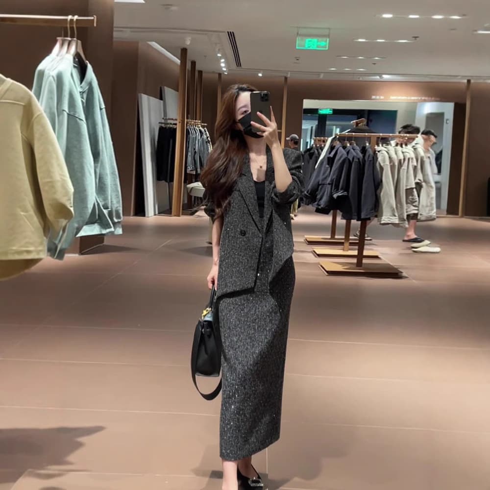 2741 Plus size women's high-end shiny suit jacket with high waist slimming slit skirt two-piece set