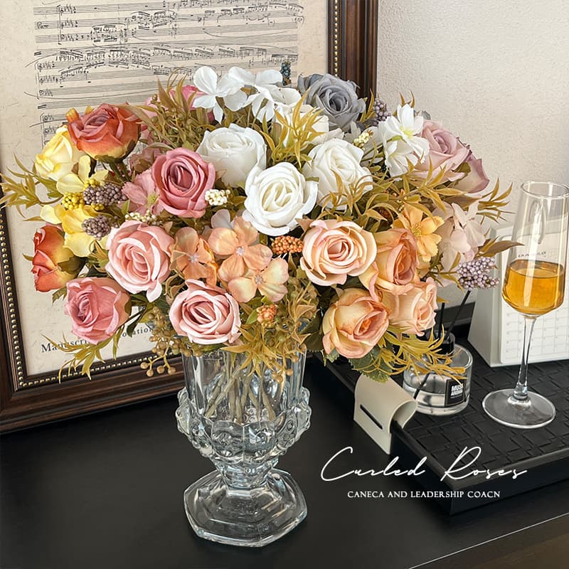 Vintage Autumn Curled Edge Rose Small Bouquet Artificial Flower DIY Floral Arrangement Decoration Living Room Fake Flower Ornament Silk Flower
