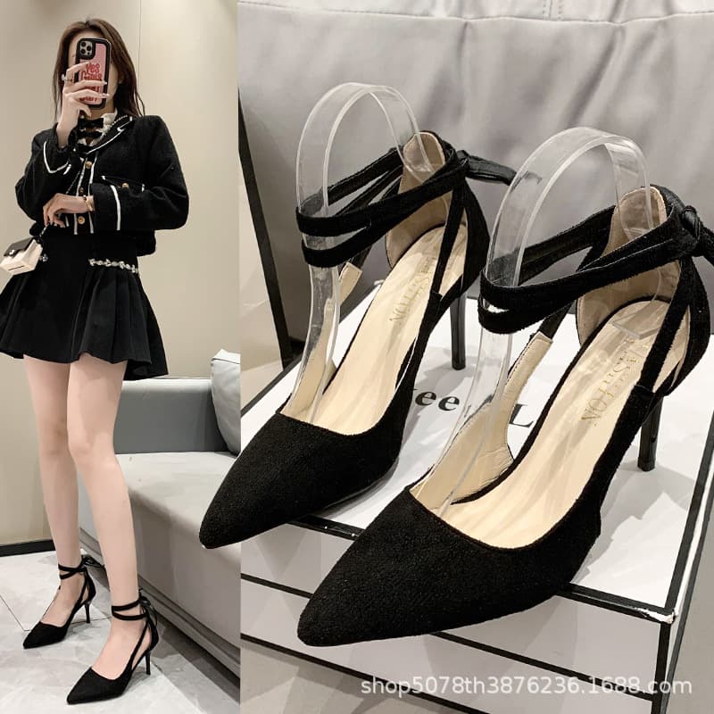 Stiletto high heels, feminine style, strappy, French pure and alluring, black pointed toe, versatile, cosplay, fashionable and easy to match.