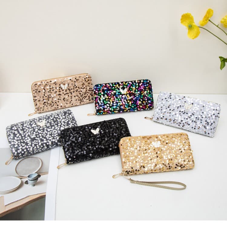 Long Butterfly Wallet 2025 Lady Wallet New Fashion Sequined Clutch Bag Wholesale Export Wallet