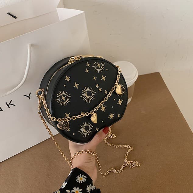 Cross-border retro embroidered round bag stars and moon personalized handbag love chain handbag shoulder crossbody bag