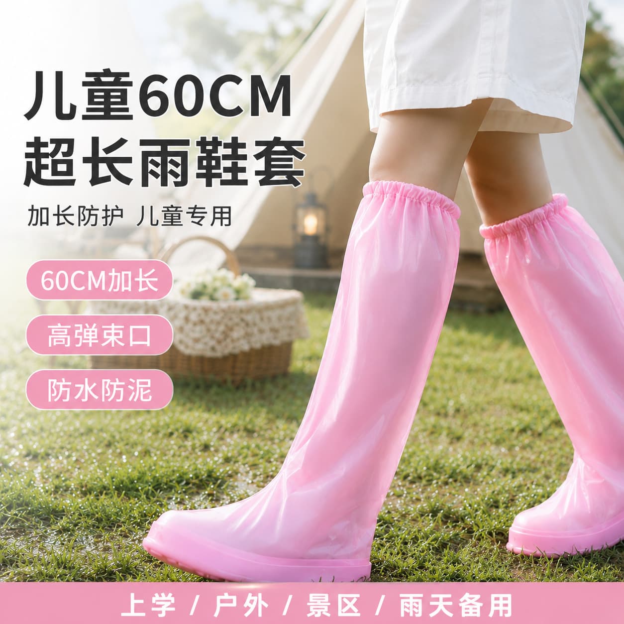 Children's disposable rain shoe covers, thickened, rainproof, waterproof, school outdoor knee-high 60cm extended waterproof shoe covers