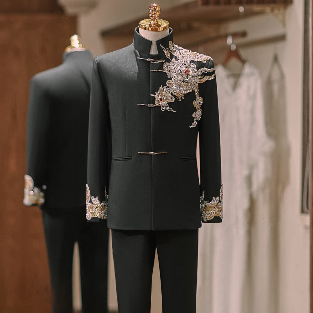 Beaded Zhongshan Suit Men's New Chinese Style Wedding Groom Suit for Bride Reception, Engagement Toasting Attire, Autumn 2025