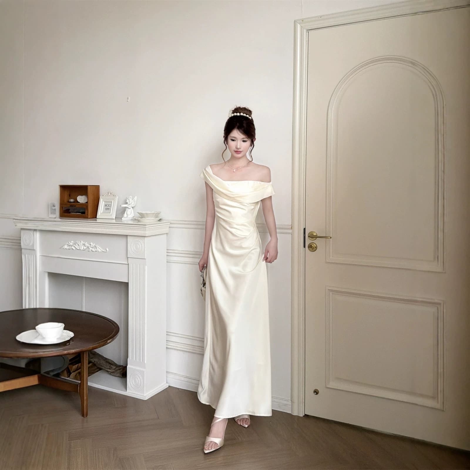 2026 Spring Summer New French Premium Off-Shoulder Dress White Satin Wedding Guest Dress Elegant Maxi Dress