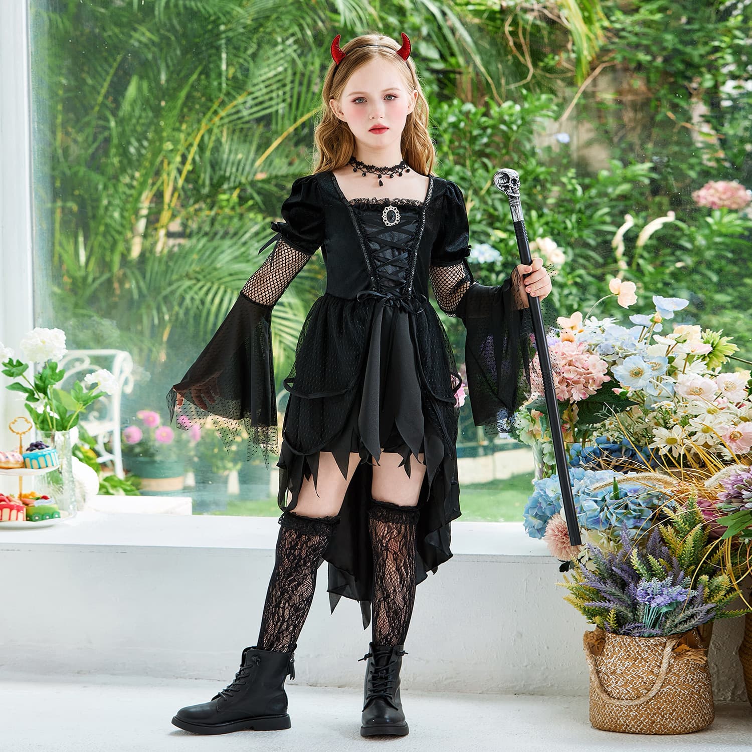 2026 Halloween Kids Witch Costume Stage Performance Dress Girls Vampire Magic Devil Horn Dress