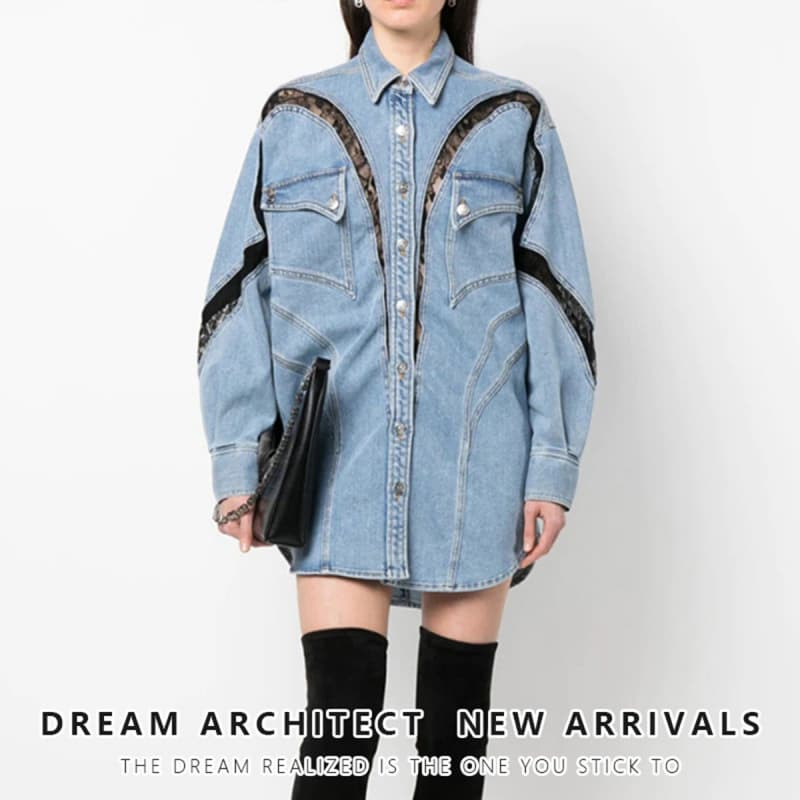 Niche Design 3D Panel Shirt 25SS Lace Contrast Oversized Shirt-Style Denim Jacket for Women