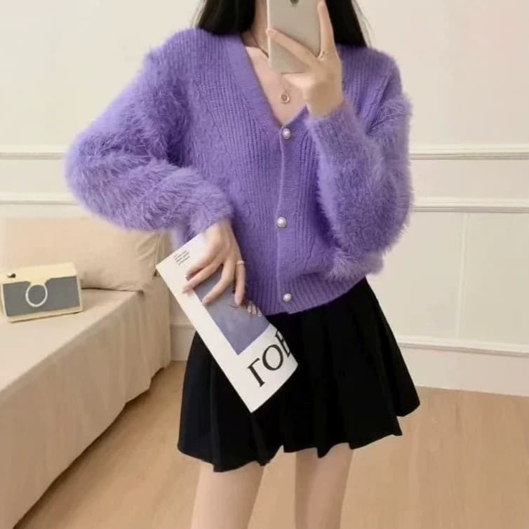 Imitation Mink Fur V-Neck French Vintage Knit Sweater Women New Short Style Gentle Trendy Versatile Long Sleeve Solid Color Sweater