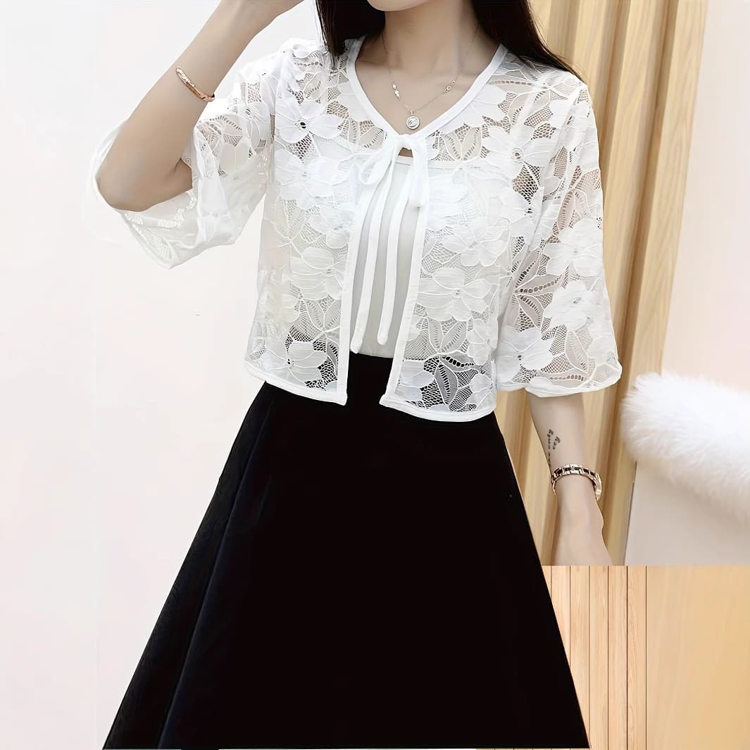 Lace Tie-Front Cardigan Short Jacket for Women Spring Summer New Sun Protection Shirt Half Sleeve Top Outdoor Skirt Wrap