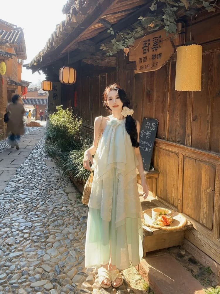 French Gentle Style Irregular Halterneck Dress for Women, Beautiful Summer Princess Dress, Seaside Vacation Mesh Long Skirt