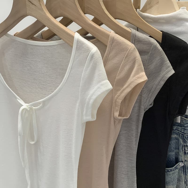 European-style designed thin tie-front U-neck set-in short-sleeve T-shirt for women, 2026 new arrival, waist-cinching slimming elegant top