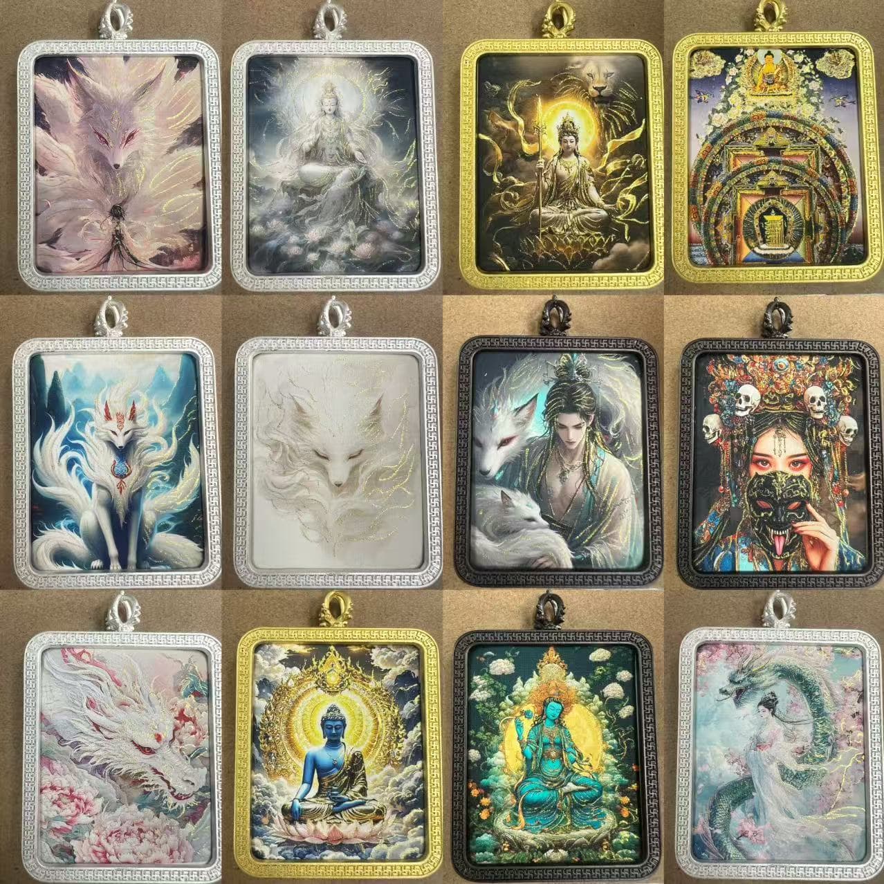 Hand-painted Gold-traced Thangka Gau Box Pendant, Green Tara Guardian, Wholesale Buddha Plate Pendant, Past and Present Zhagilamu